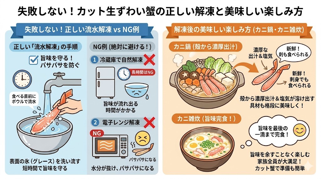 失敗しない流水解凍の手順とカニ鍋・雑炊への活用法をわかりやすく図解