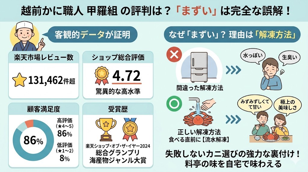 まずいって本当?越前かに職人 甲羅組の評判に対する結論・総合評価をわかりやすく図解