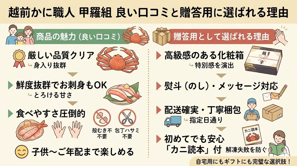越前かに職人 甲羅組の良い口コミまとめ!贈答用にも選ばれる理由をわかりやすく図解