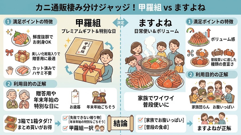 他社(ますよね等)徹底比較!甲羅組とどっちを買うべきか棲み分けジャッジをわかりやすく図解