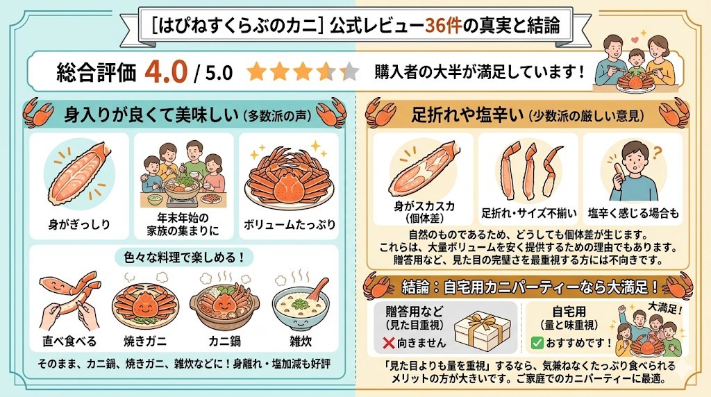 はぴねすくらぶのカニの評判は?公式レビュー36件の真実と結論をわかりやすく図解