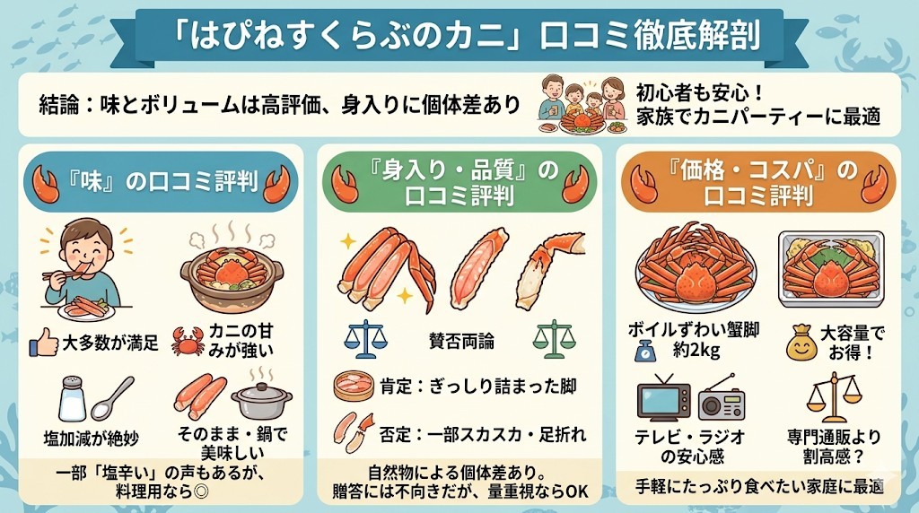 はぴねすくらぶのカニの口コミを評価軸別に徹底解剖をわかりやすく図解