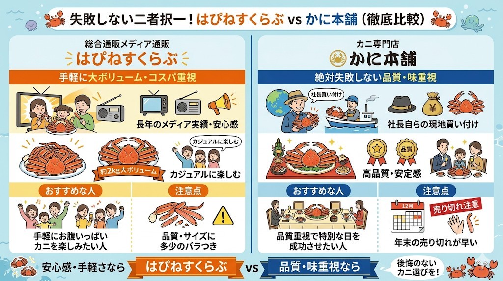 失敗しない二者択一!はぴねすくらぶと「かに本舗」を徹底比較をわかりやすく図解