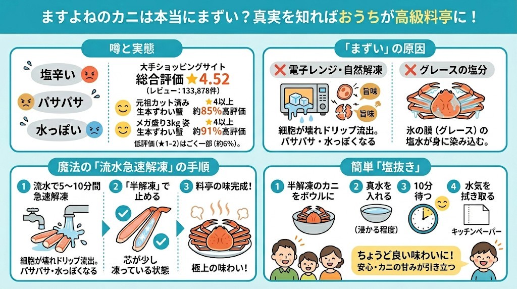 ますよねのカニはまずい?口コミの真相と圧倒的な高評価の事実をわかりやすく図解