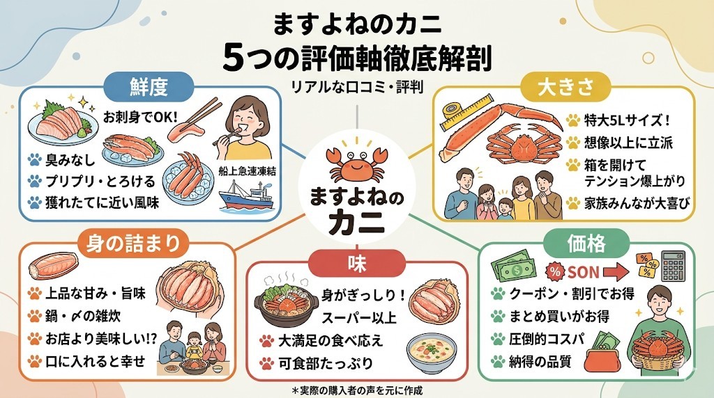 ますよねのカニのリアルな口コミ・評判を5つの評価軸で徹底解剖をわかりやすく図解
