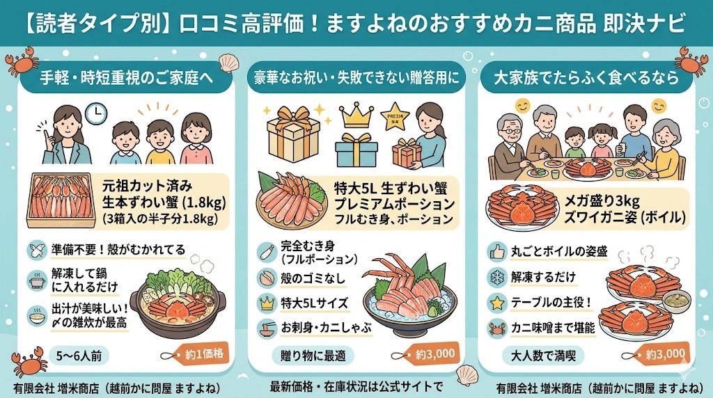 【読者タイプ別】口コミで高評価!ますよねのおすすめカニ商品(即決ナビ)をわかりやすく図解