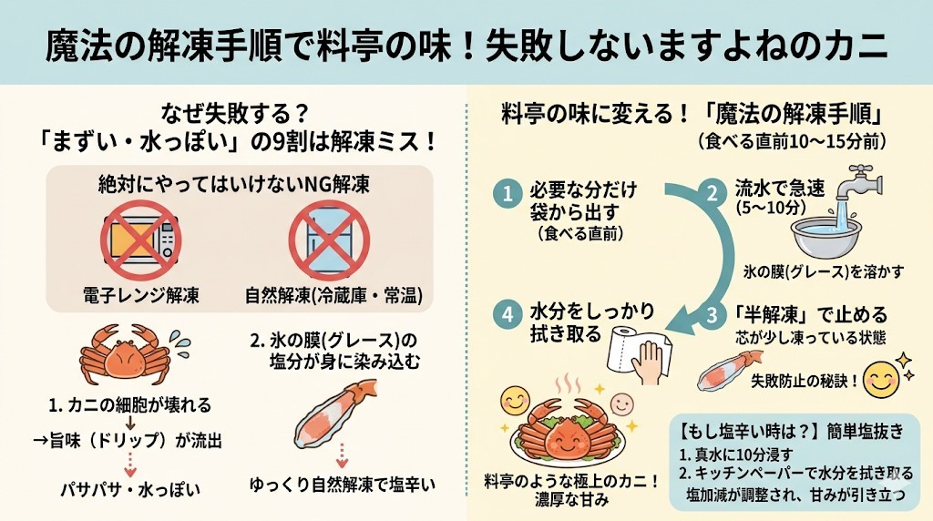 口コミから学ぶ!ますよねのカニを料亭の味に変える「魔法の解凍手順」をわかりやすく図解