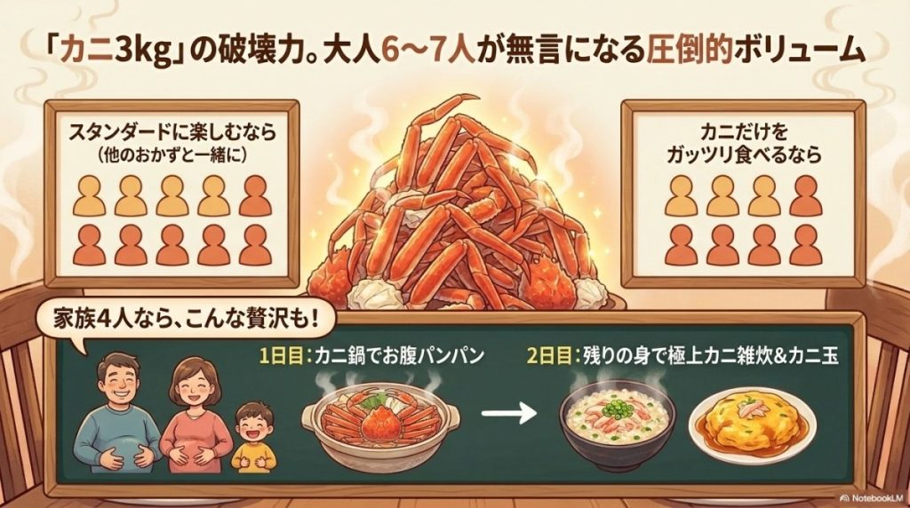 訳ありカニ3kgの価格相場と人数目安!何人前で食べられる?の図解