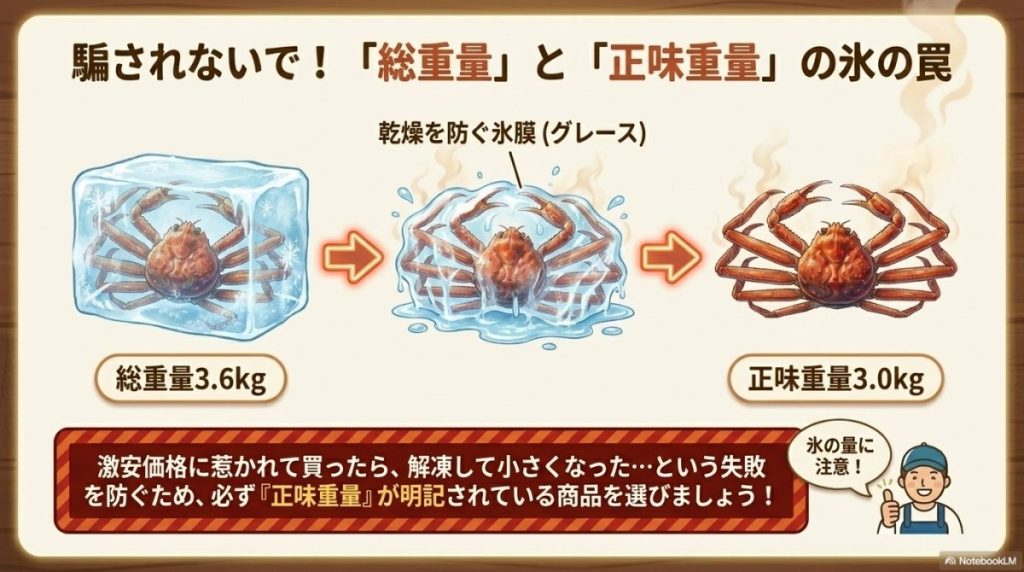 ★正味重量(氷膜)の罠に注意!訳ありカニ激安通販で失敗しない品質確認の図解