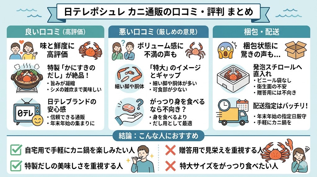 ポシュレのカニの口コミ・評判の真実とは?購入者のリアルな声から分かった結論をわかりやすく図解