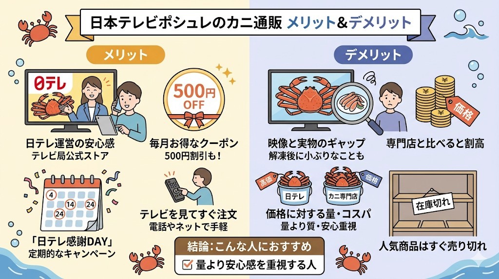 日テレポシュレのカニ通販を利用するメリット・デメリットをわかりやすく図解