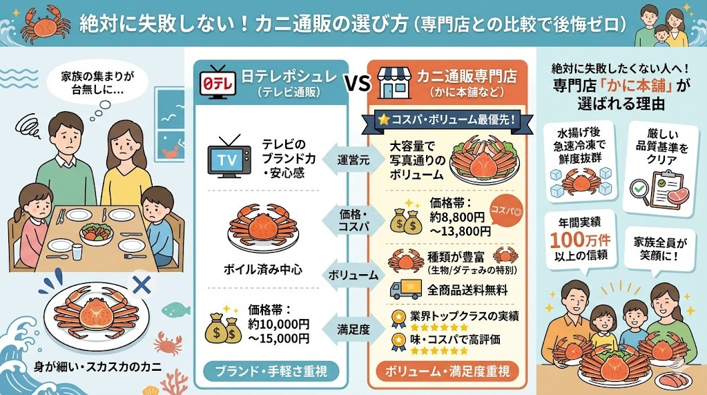 ポシュレのカニで失敗しない選び方!コスパ重視なら専門店との比較がおすすめをわかりやすく図解