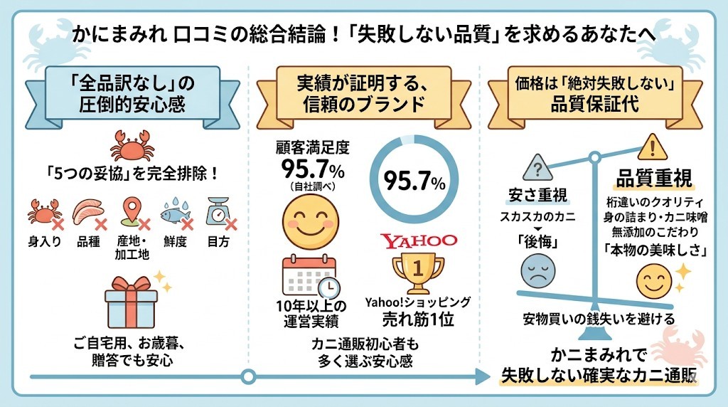 かにまみれ口コミの総合結論!「安さ」ではなく「絶対に失敗しない品質」を求める人専用のカニ通販をわかりやすく図解