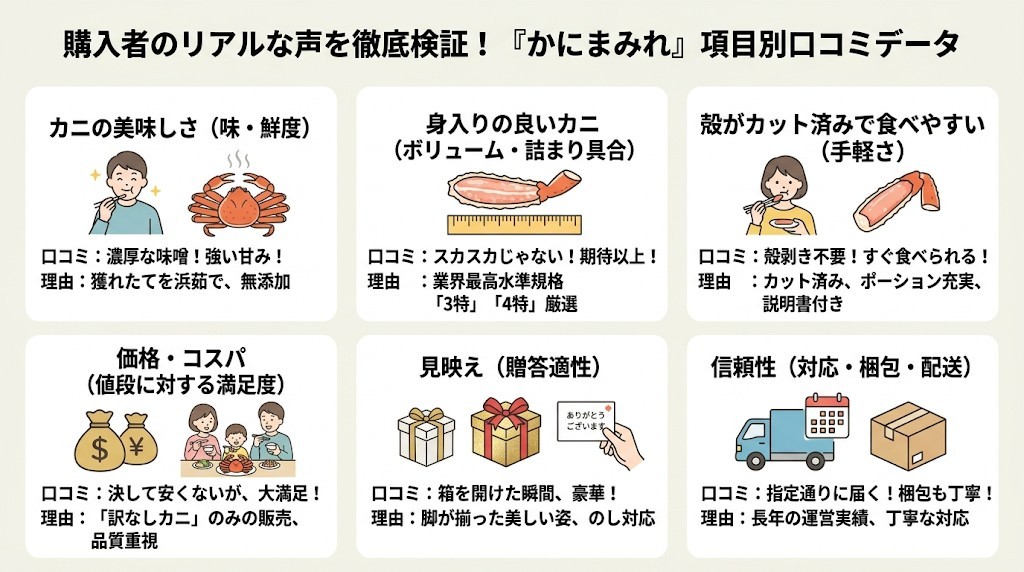 かにまみれ購入者のリアルな声を徹底検証!項目別口コミデータをわかりやすく図解