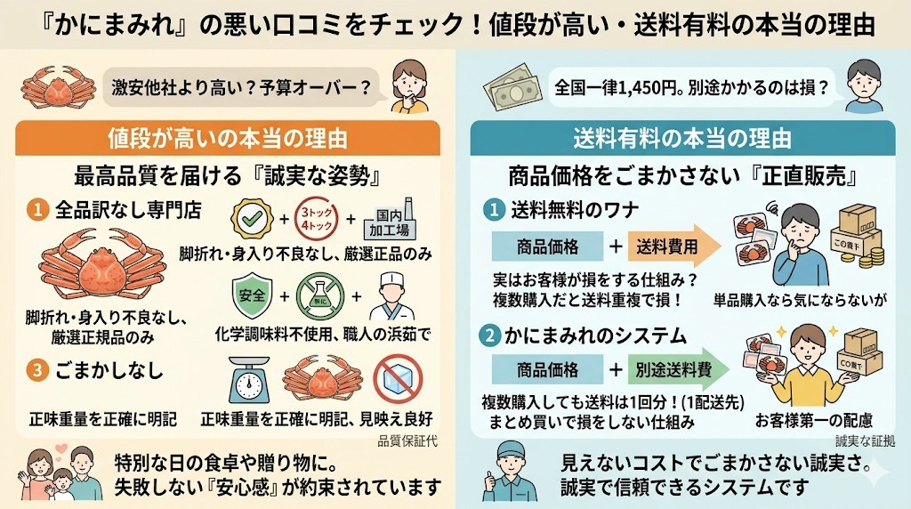 かにまみれの悪い口コミ「値段が高い・送料がかかる」デメリットを論破する反論処理をわかりやすく図解