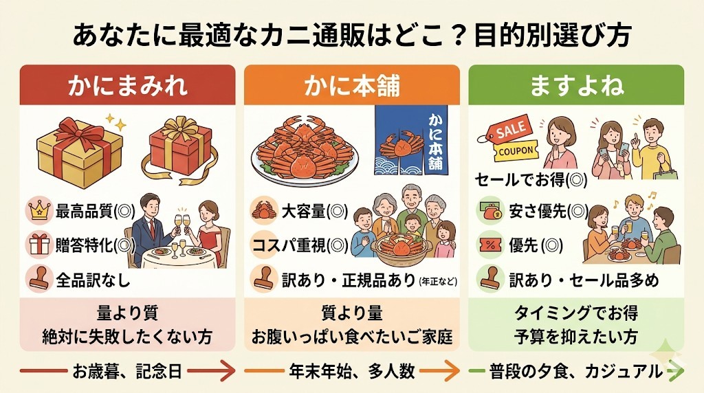 かにまみれと大手カニ通販2社を徹底比較!目的別の最適な選び方と結論をわかりやすく図解