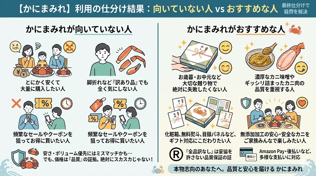 かにまみれが「おすすめな人」「向いていない人」の最終仕分けをわかりやすく図解