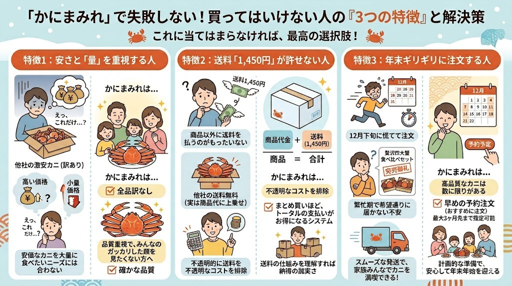かにまみれで失敗して後悔する?買ってはいけない人の「3つの特徴」をわかりやすく図解
