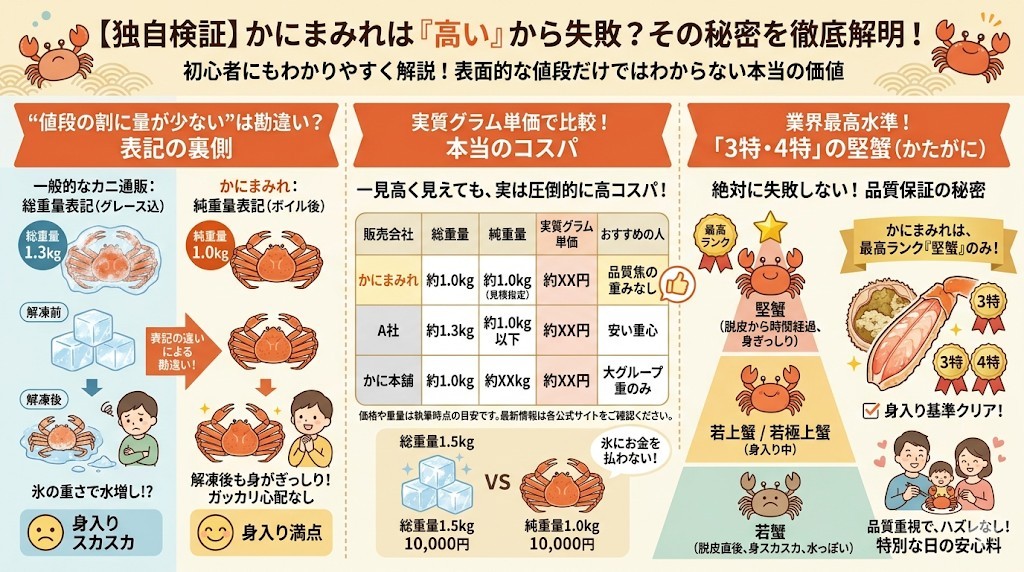 【独自検証】かにまみれは高いから失敗する?「純重量」と実質グラム単価の秘密をわかりやすく図解