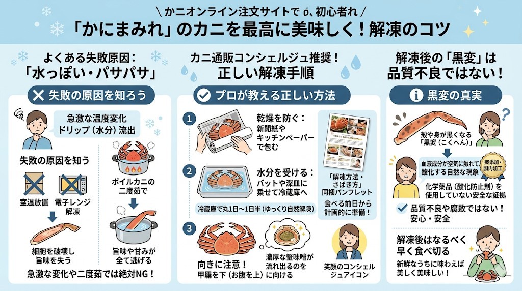 解凍方法で失敗して水っぽい?かにまみれを美味しく食べるコツをわかりやすく図解