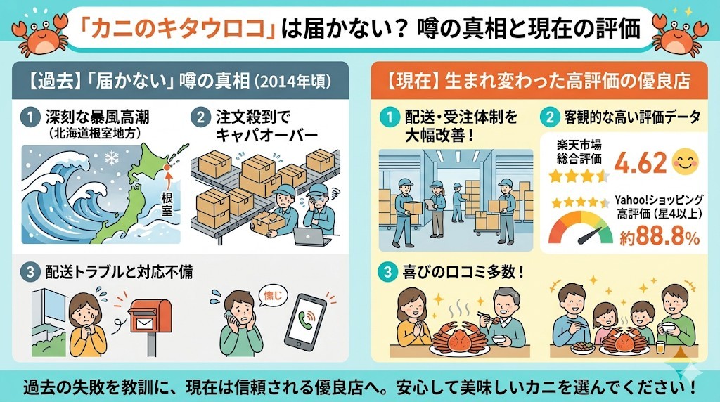 カニのキタウロコの評判は悪い?「届かない」という噂の真相と現在の評価をわかりやすく図解
