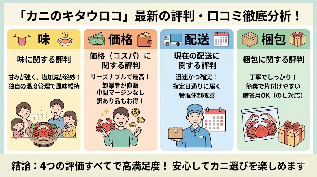 カニのキタウロコの最新の評判・口コミを4つの評価軸で徹底分析!をわかりやすく図解