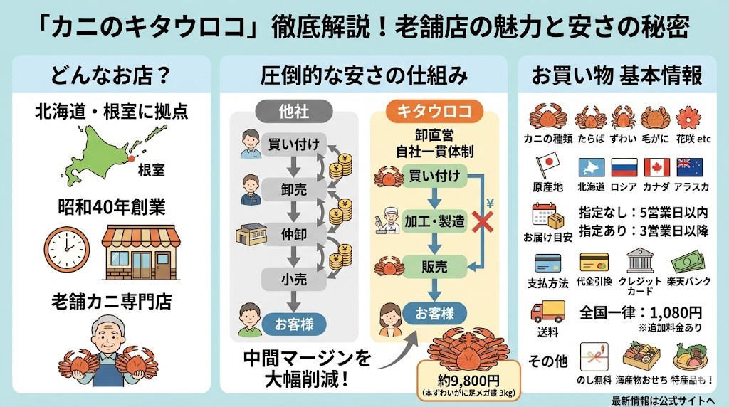 【基本情報】カニのキタウロコはどんなお店?圧倒的な安さの秘密をわかりやすく図解