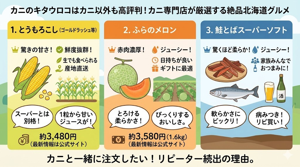 カニのキタウロコはカニ以外も高評判!とうもろこし・メロン・鮭とばの口コミをわかりやすく図解