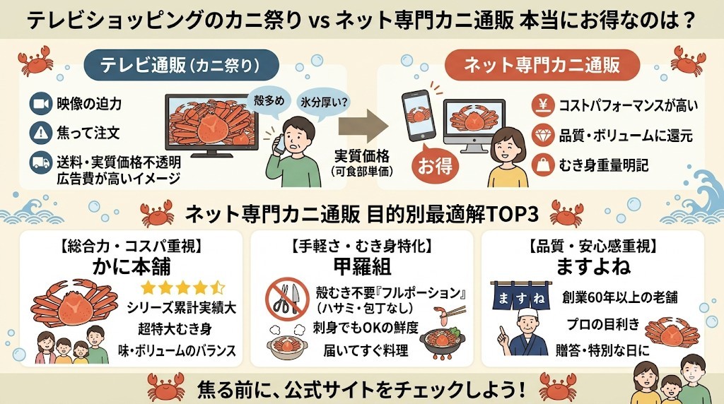 テレビショッピングの「カニ祭り」は本当に安いの?通販の口コミから暴く最適解TOP3をわかりやすく図解