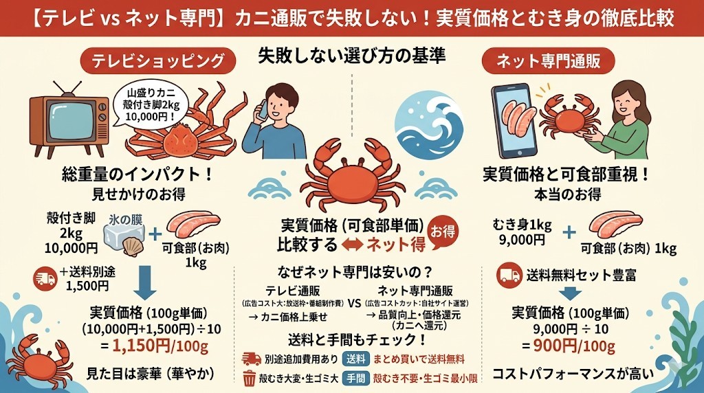 【テレビ vs ネット専門】カニ祭り通販で失敗しない!実質価格とむき身の徹底比較をわかりやすく図解