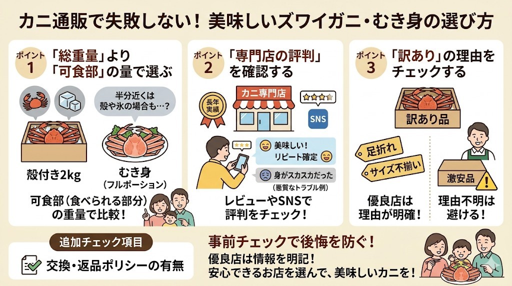カニ通販のトラブルを回避!美味しいズワイガニ・むき身で失敗しない選び方をわかりやすく図解