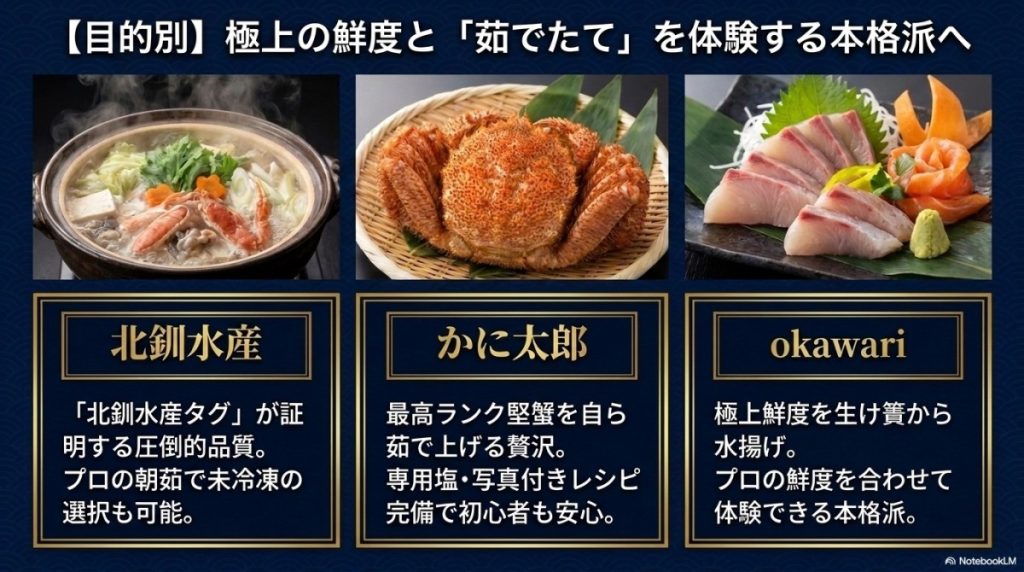 極上の味・本格体験派(活ガニ・鮮度重視)におすすめの活き毛ガニ通販サイトを紹介した図解。
