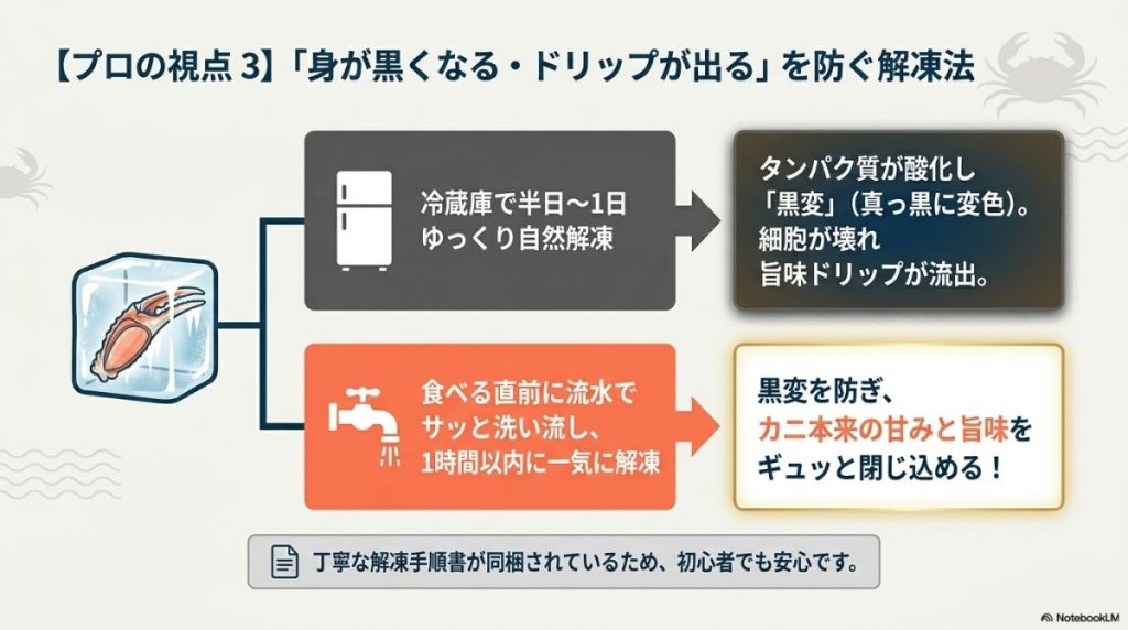 カニが黒くなる「黒変」や大量のドリップを防ぐ正しい解凍方法