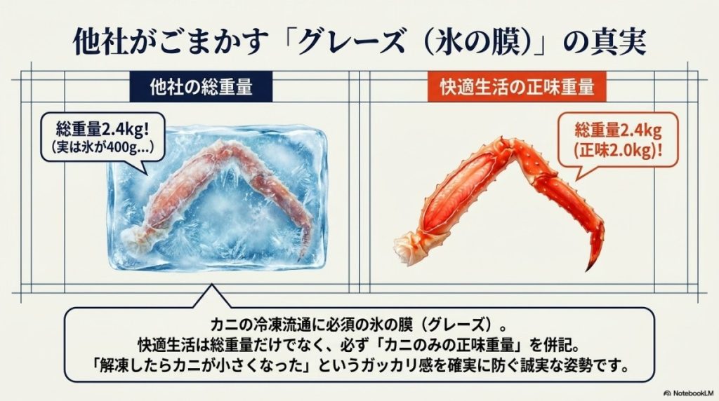 他社がごまかす「グレーズ(氷の膜)」と快適生活の「正味重量」明記の誠実さ