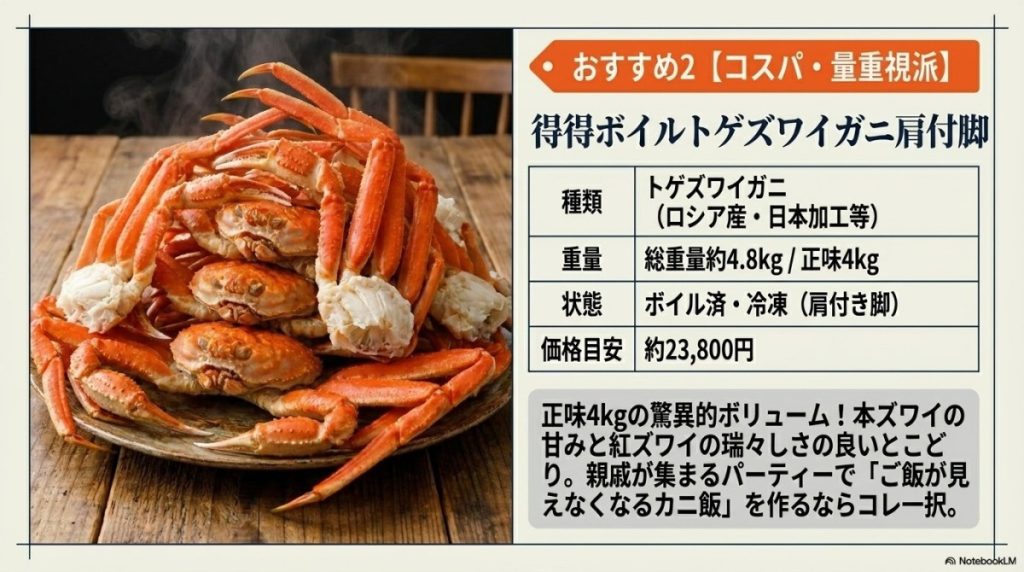 おすすめ2. 得得ボイルトゲズワイガニ肩付脚(総重量4.8kg / 正味4kg)