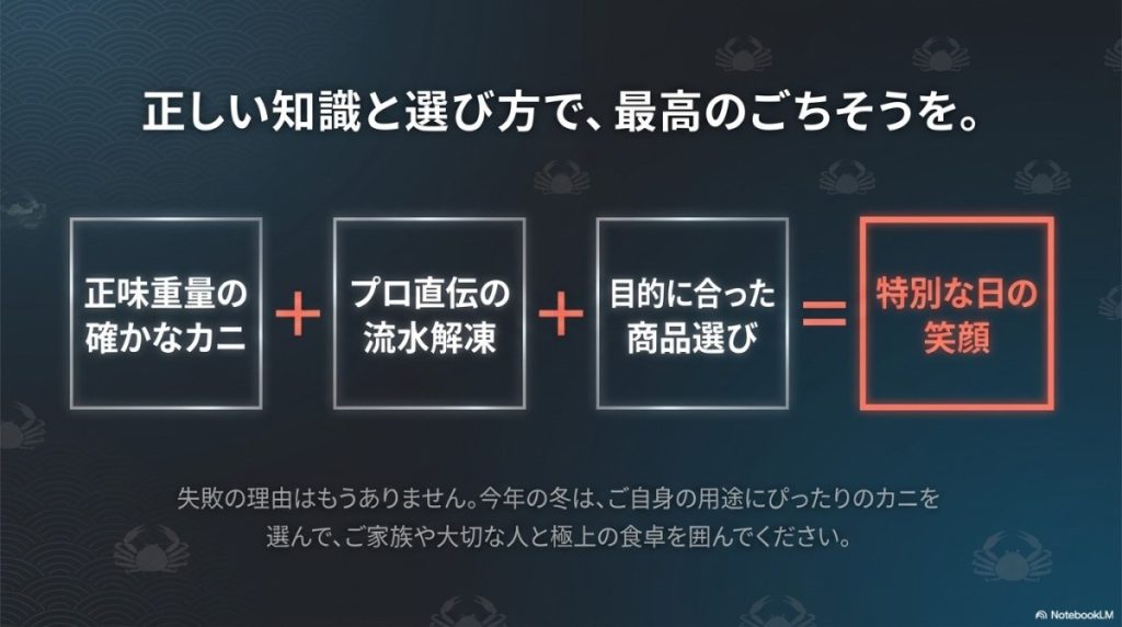 まとめ:快適生活のカニは正しい知識と選び方で最高のごちそうになる