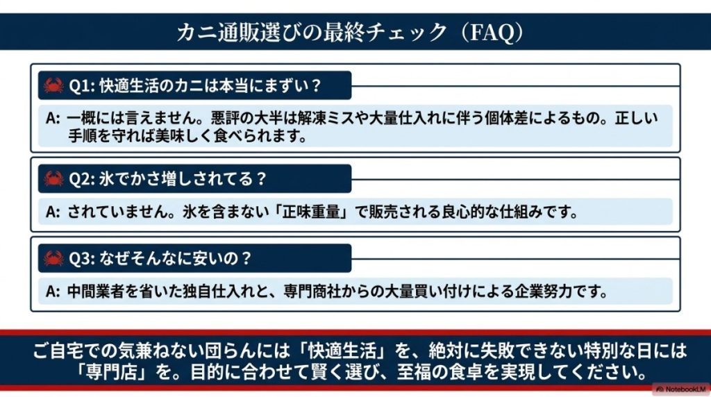 快適生活のカニに関するよくある質問(FAQ)