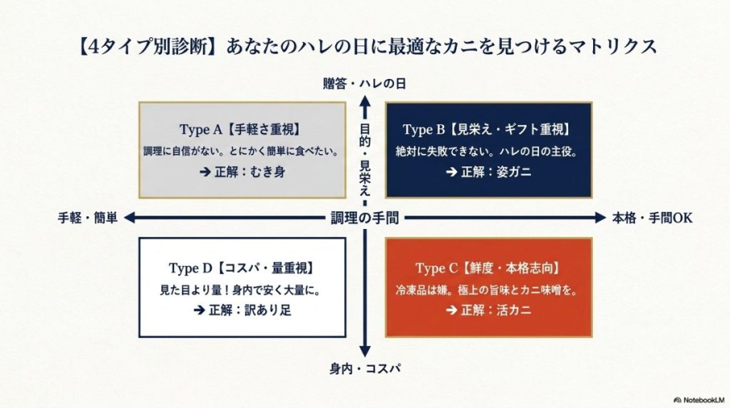 あなたはどのタイプ?年末年始やハレの日に最適なカニを見つけるマトリクス診断