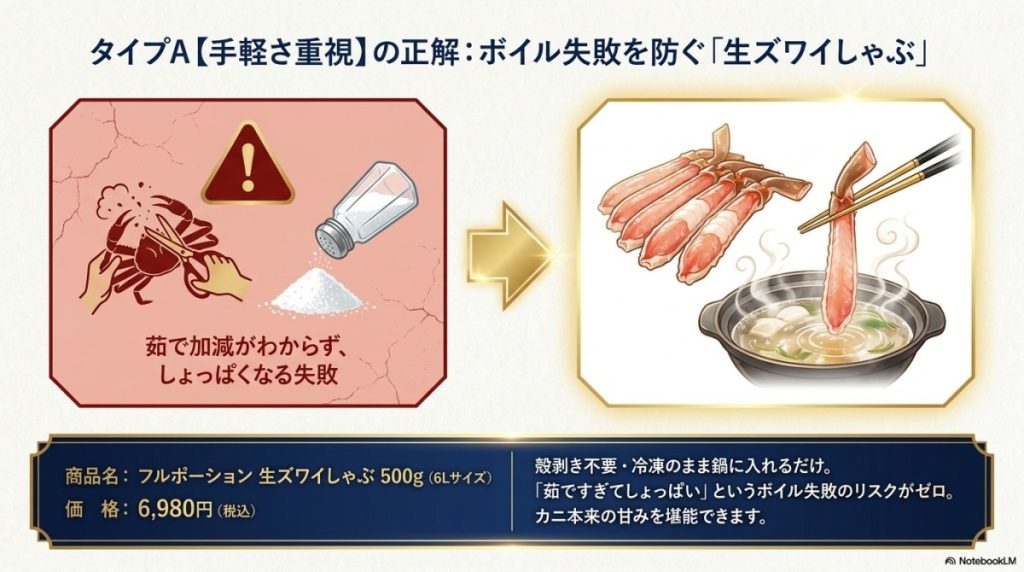 タイプA【手軽さ重視】活カニの調理で後悔しない!ボイル失敗を防ぐ最適商品
