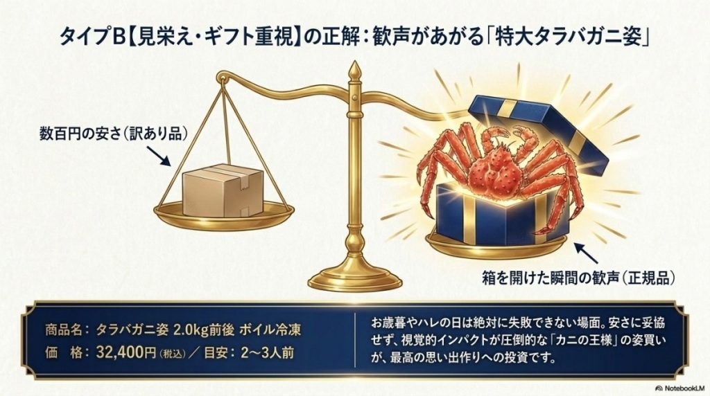 タイプB【見栄え・ギフト重視】お歳暮や年末年始で絶対に失敗できない層のタラバガニ選び