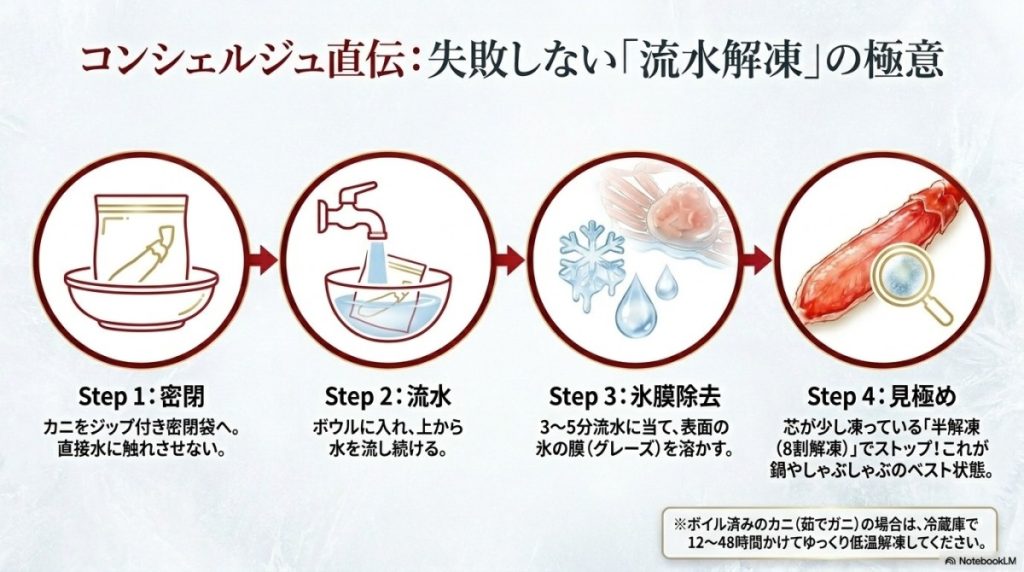 「まずい・水っぽい」を防ぐ!ズワイガニの正しい解凍方法