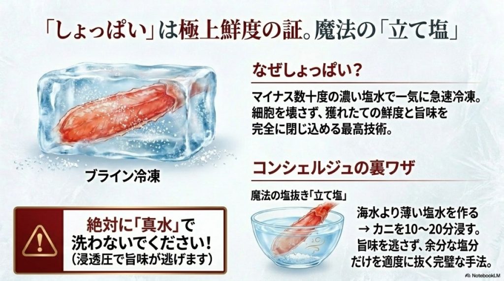 「しょっぱい」塩分はブライン冷凍が原因!塩抜き方法で解決