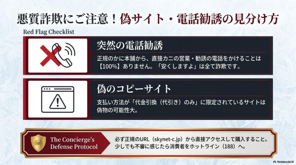 かに本舗を騙る悪質詐欺サイト・業者への最新の注意喚起