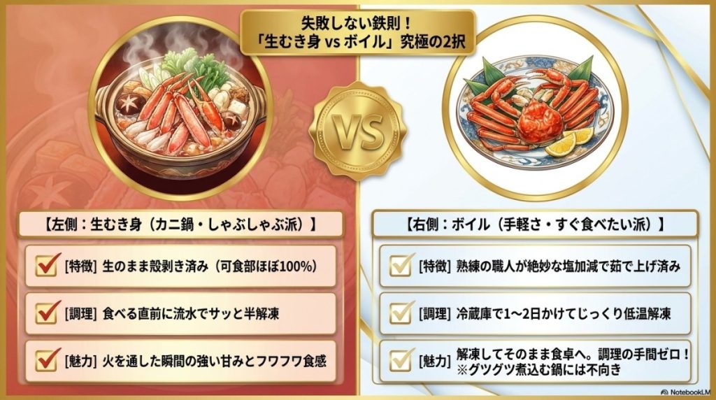 かに本舗の訳ありで失敗しない!「生むき身 vs ボイル」究極の2択診断