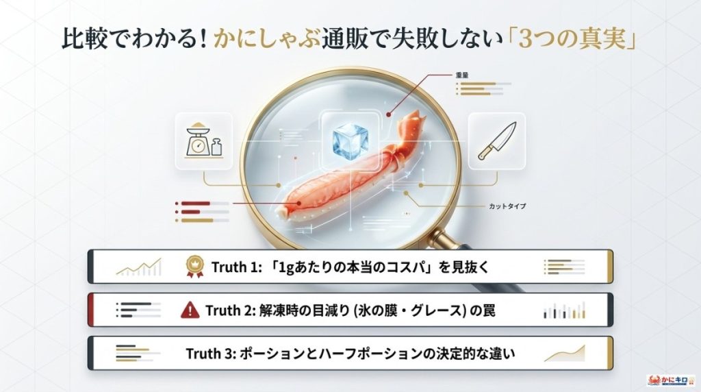 かにしゃぶ通販で失敗しない「3つの真実」についての図解。