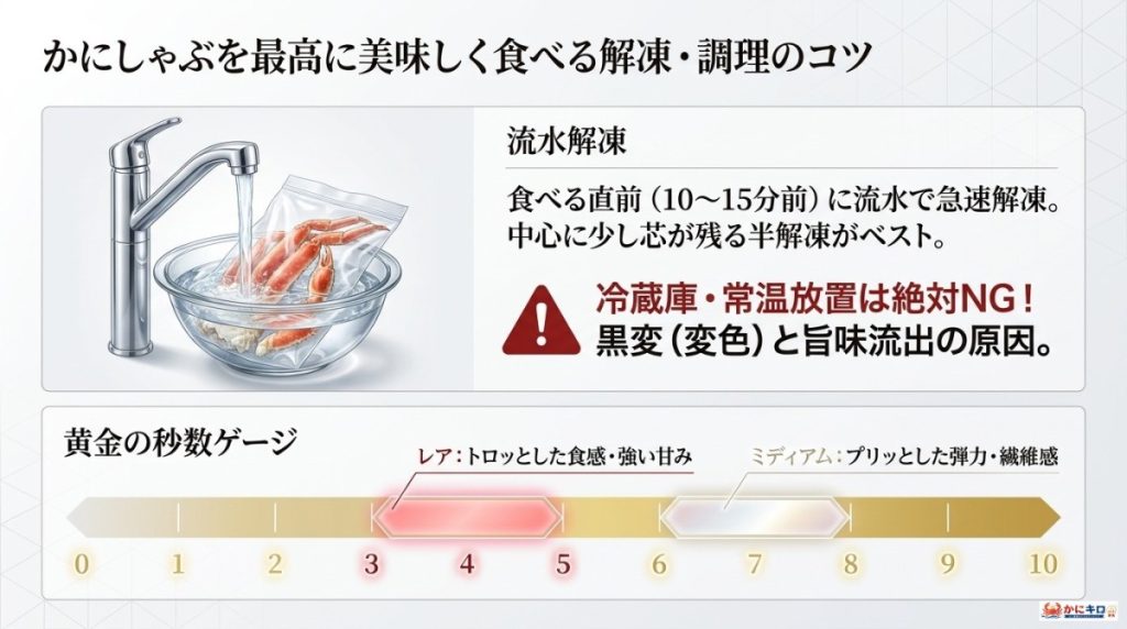 かにしゃぶを最高に美味しく食べる解凍・調理のコツについての図解。