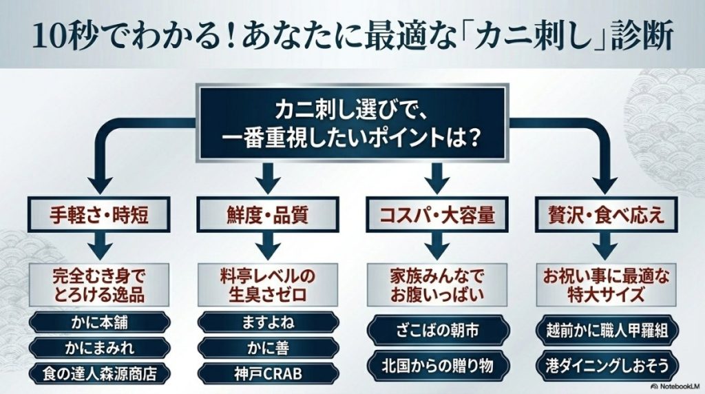 10秒でわかる最適カニ刺し診断の図解。